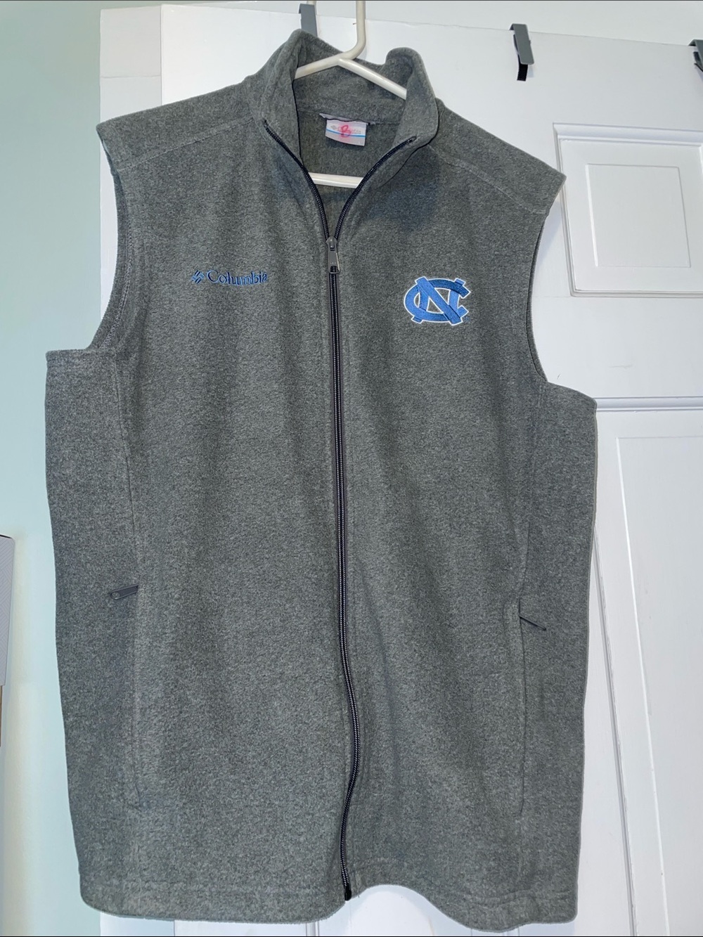 Hello Tar Heels Columbia Gray Fleece Vest with Light Blue UNC Logo Swag!